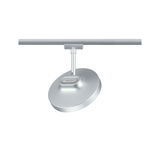 Silberner LED-Spot aus Metall an Schienensystem für flexible Beleuchtung im Innenraum