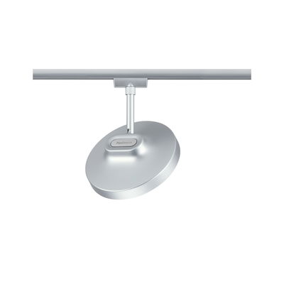 Silberner LED-Spot aus Metall an Schienensystem für flexible Beleuchtung im Innenraum