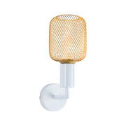 Wandlampe mit weißem Metallfuß und goldfarbenem Drahtgitter-Schirm für modernes Wohnambiente