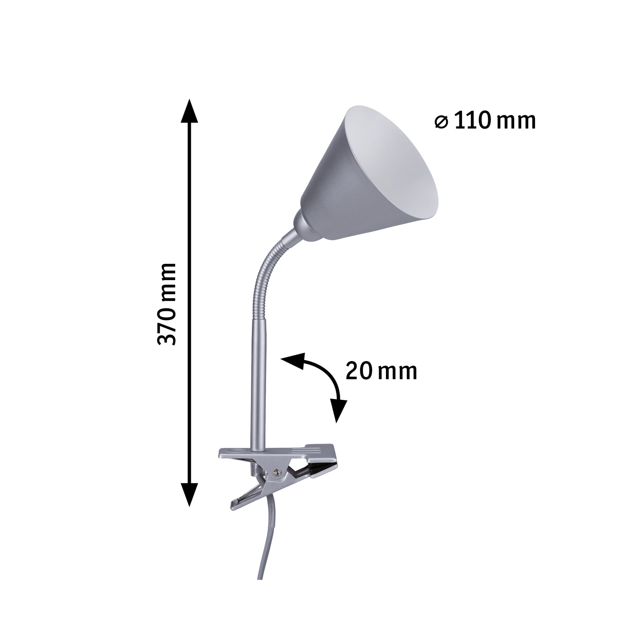 Zilveren metalen klemlamp met flexibele hals, 110 mm kapdiameter en 370 mm hoogte voor verstelbare verlichting