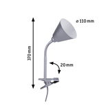 Zilveren metalen klemlamp met flexibele hals, 110 mm kapdiameter en 370 mm hoogte voor verstelbare verlichting