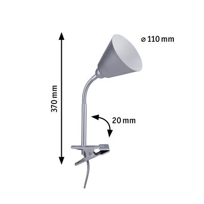 Zilveren metalen klemlamp met flexibele hals, 110 mm kapdiameter en 370 mm hoogte voor verstelbare verlichting