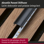 Schwarzer Akustik Paneel Diffusor mit integrierter LED-Beleuchtung auf Holzpaneel für Akustikpaneele 13-15 mm Fugenbreite