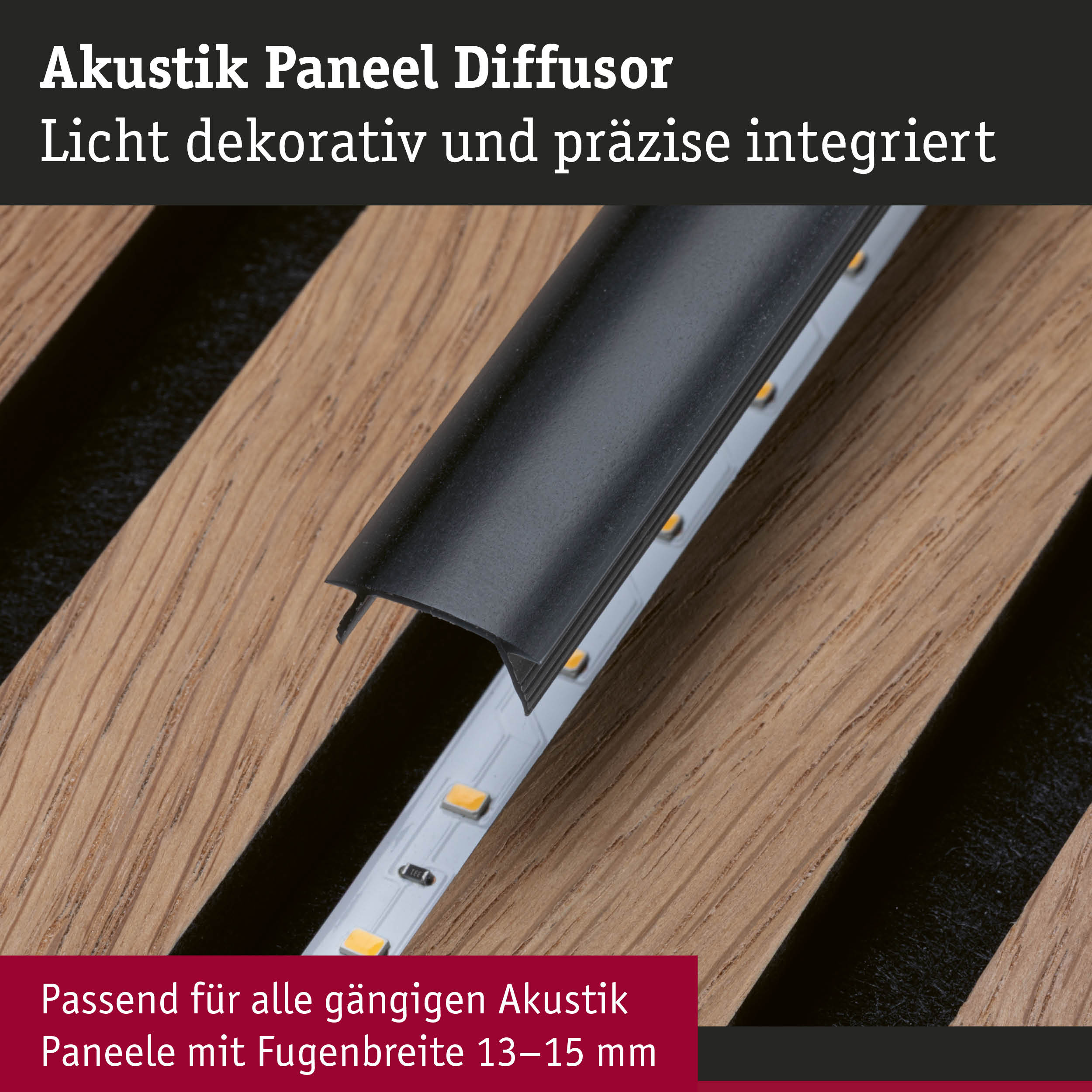 Schwarzer Akustik Paneel Diffusor mit integrierter LED-Beleuchtung auf Holzpaneel für Akustikpaneele 13-15 mm Fugenbreite