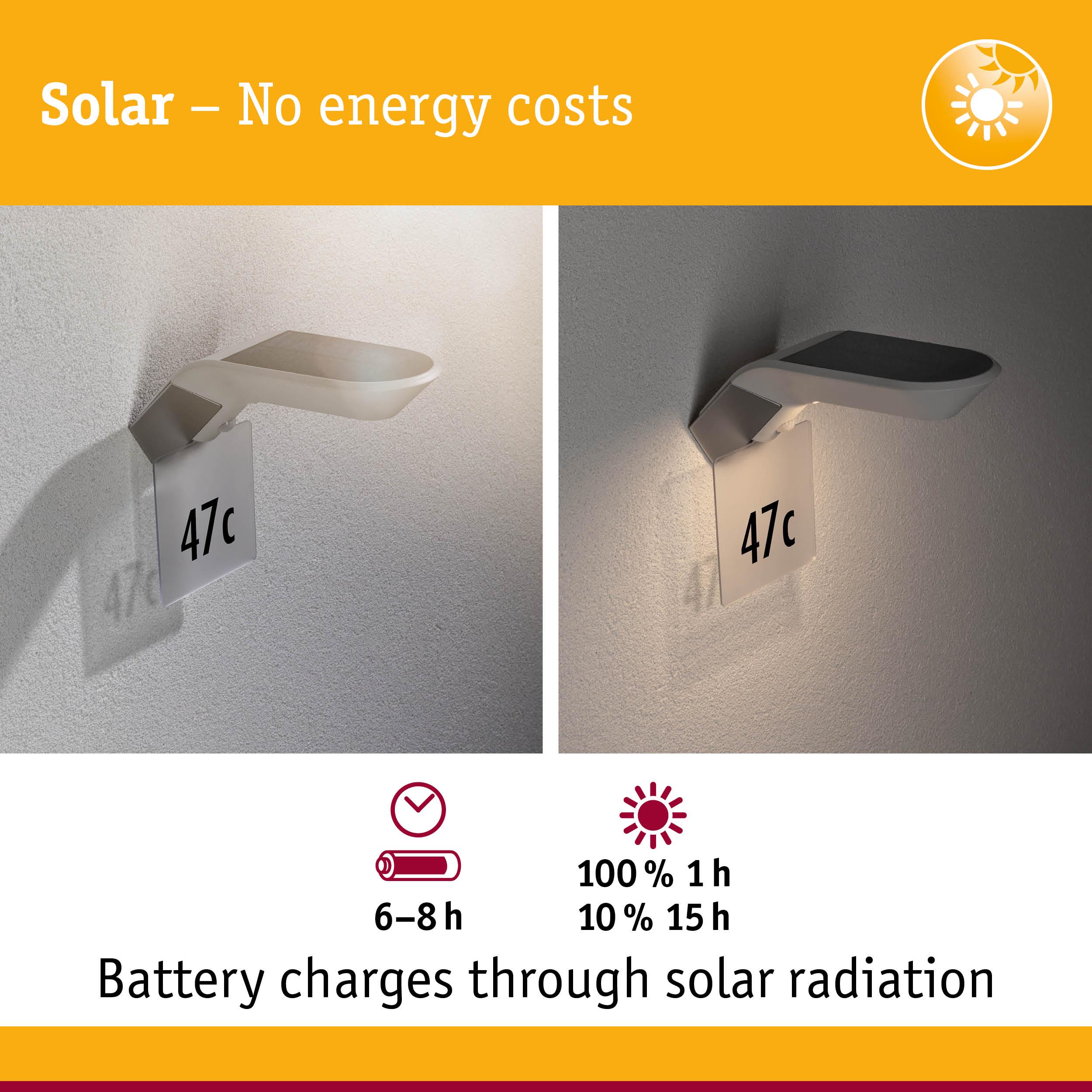 White solar-powered wall light with house number 47c, battery charges 6-8 hours via solar radiation