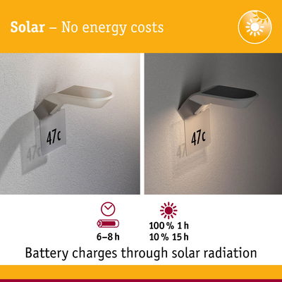 White solar-powered wall light with house number 47c, battery charges 6-8 hours via solar radiation