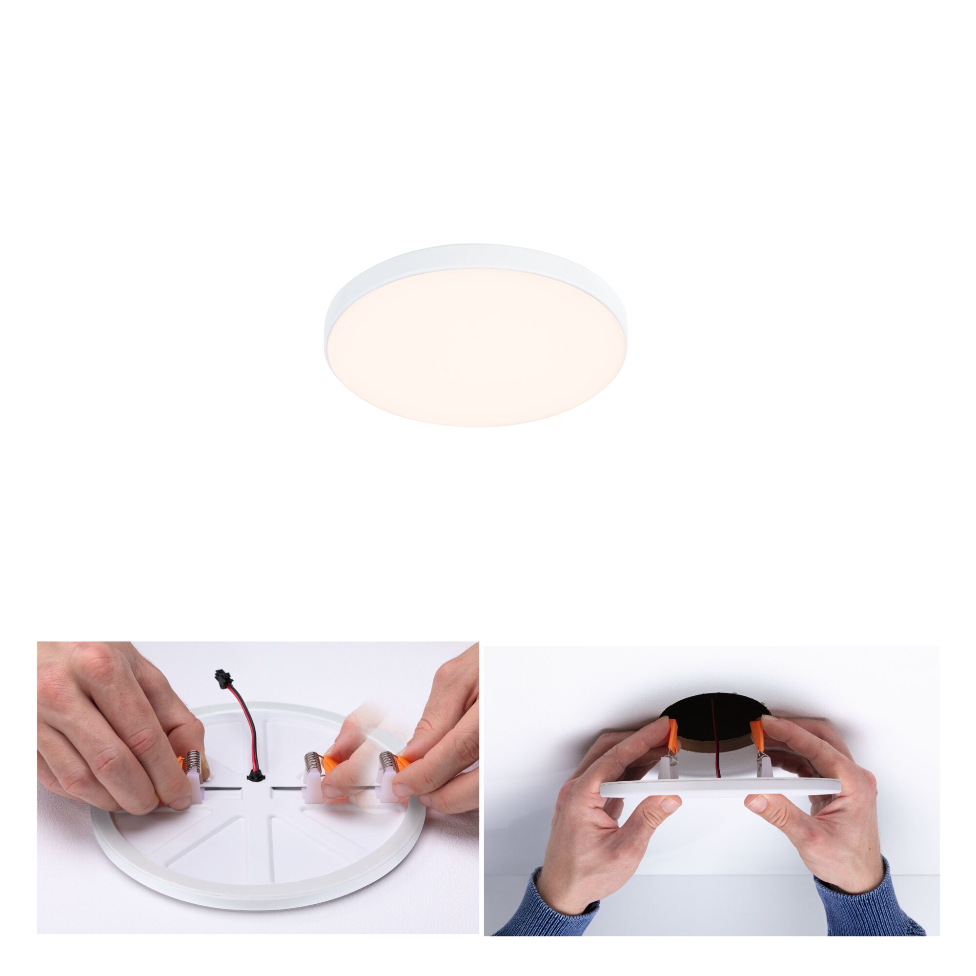 VariFit Panneau encastré LED Veluna Edge IP44 rond 90mm 6W 450lm 3000K Blanc gradable Plafonnier LED rond en plastique blanc avec lumière blanc chaud, démonstration de montage à la main