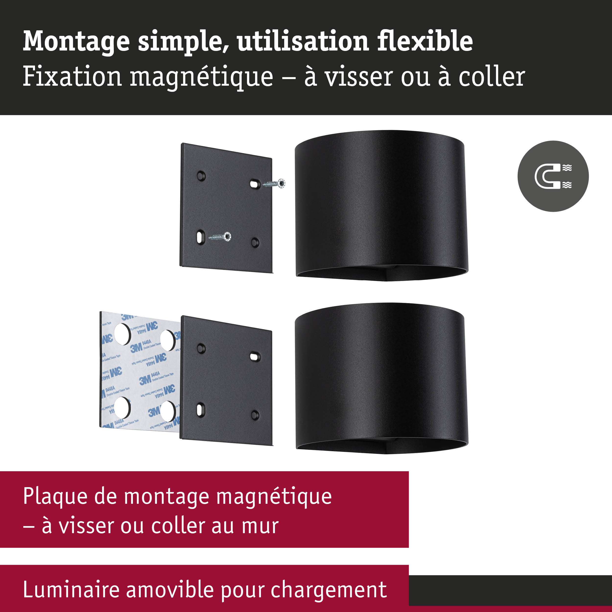 Plaque de montage magnétique noire avec vis et adhésif pour fixation murale flexible