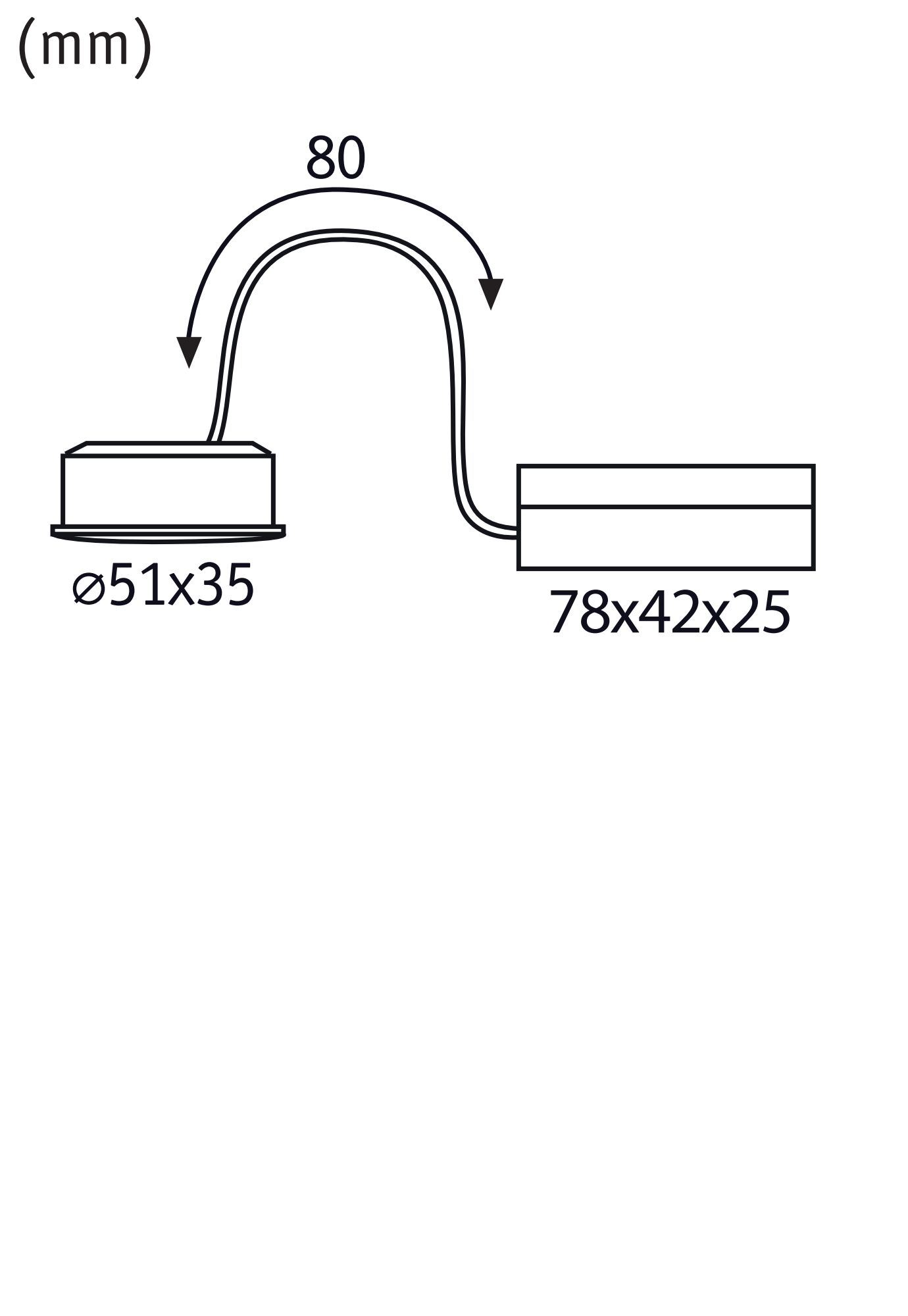 Technische tekening met afmetingen 51x35 mm en 78x42x25 mm, kabelbocht 80 mm lang