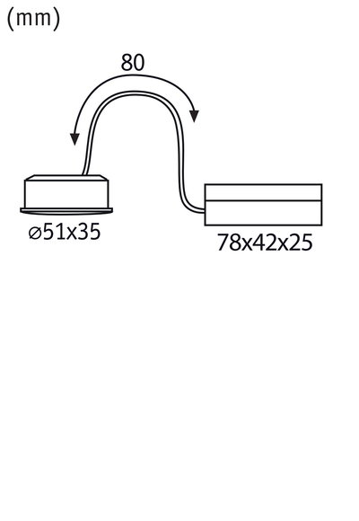 Technische tekening met afmetingen 51x35 mm en 78x42x25 mm, kabelbocht 80 mm lang