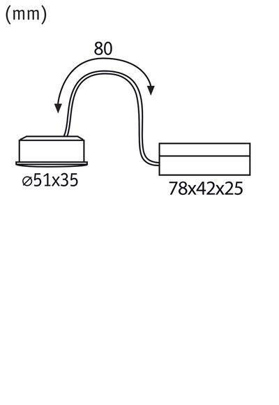 Technische Zeichnung mit Maßen 51x35 mm und 78x42x25 mm, Kabelbogen 80 mm lang
