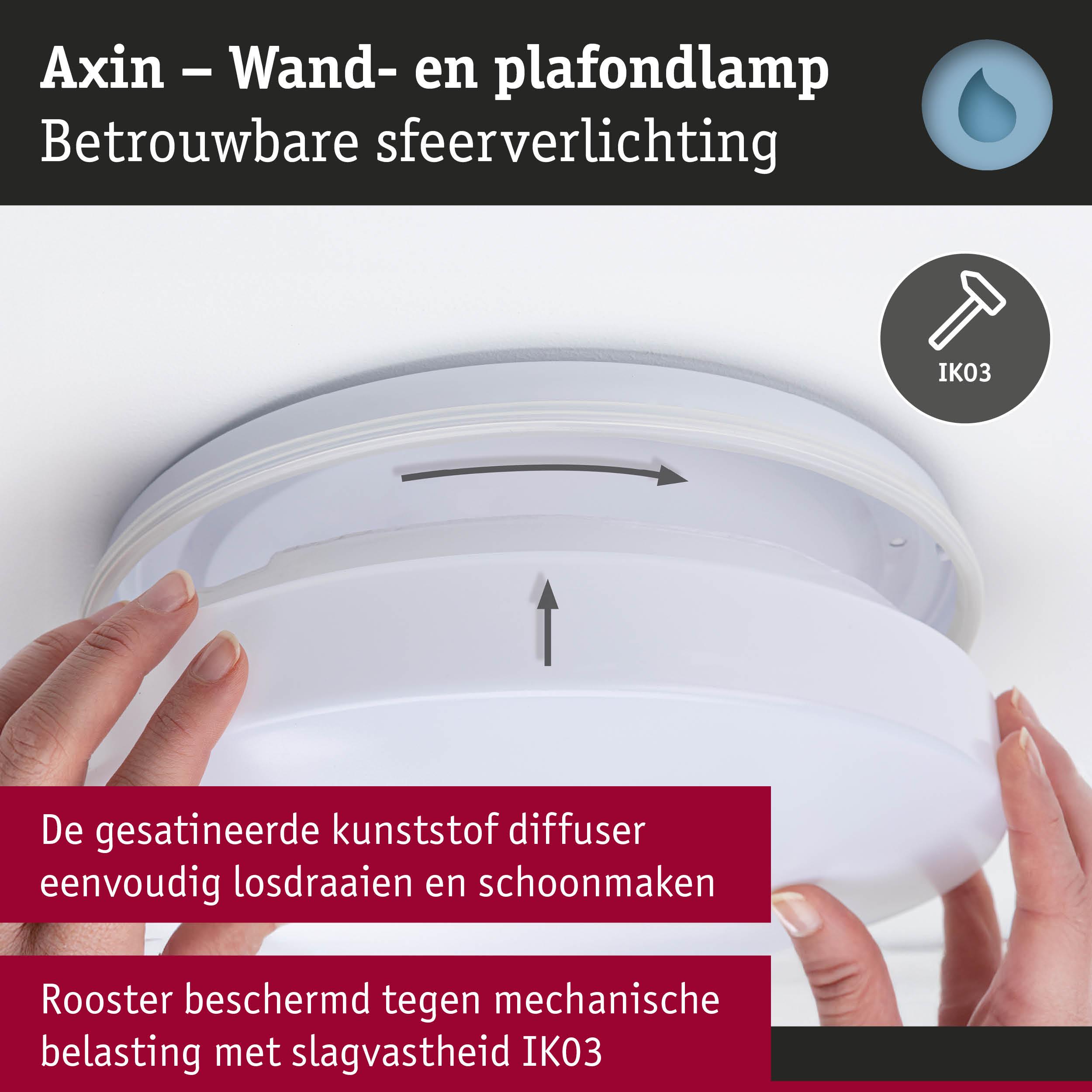 Witte Axin wand- en plafondlamp met gesatineerde kunststof diffuser en IK03 slagvastheid