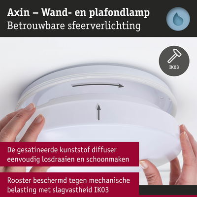 Witte Axin wand- en plafondlamp met gesatineerde kunststof diffuser en IK03 slagvastheid