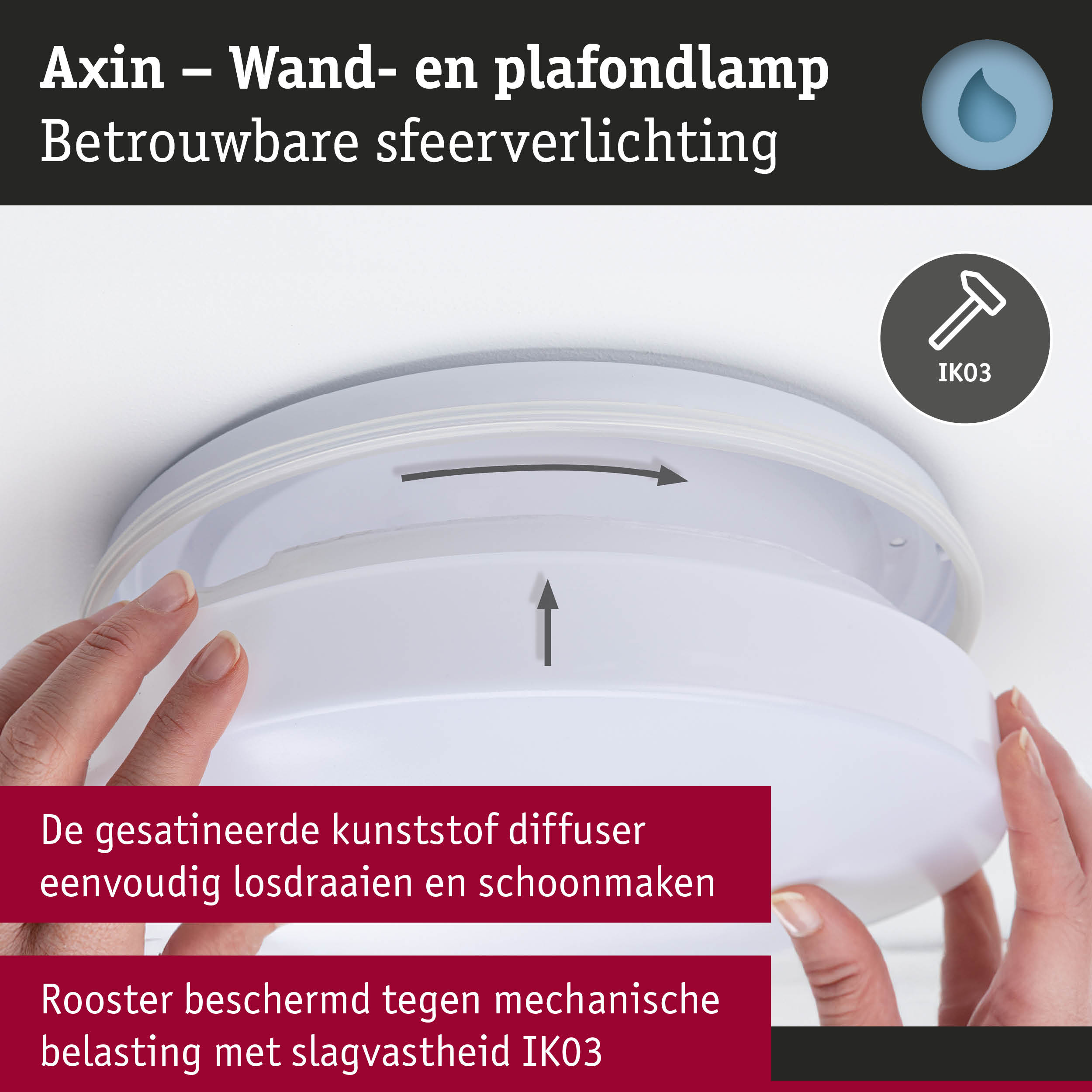 Axin witte kunststof wand- en plafondlamp met gesatineerde diffuser en IK03 slagvastheid verlichting