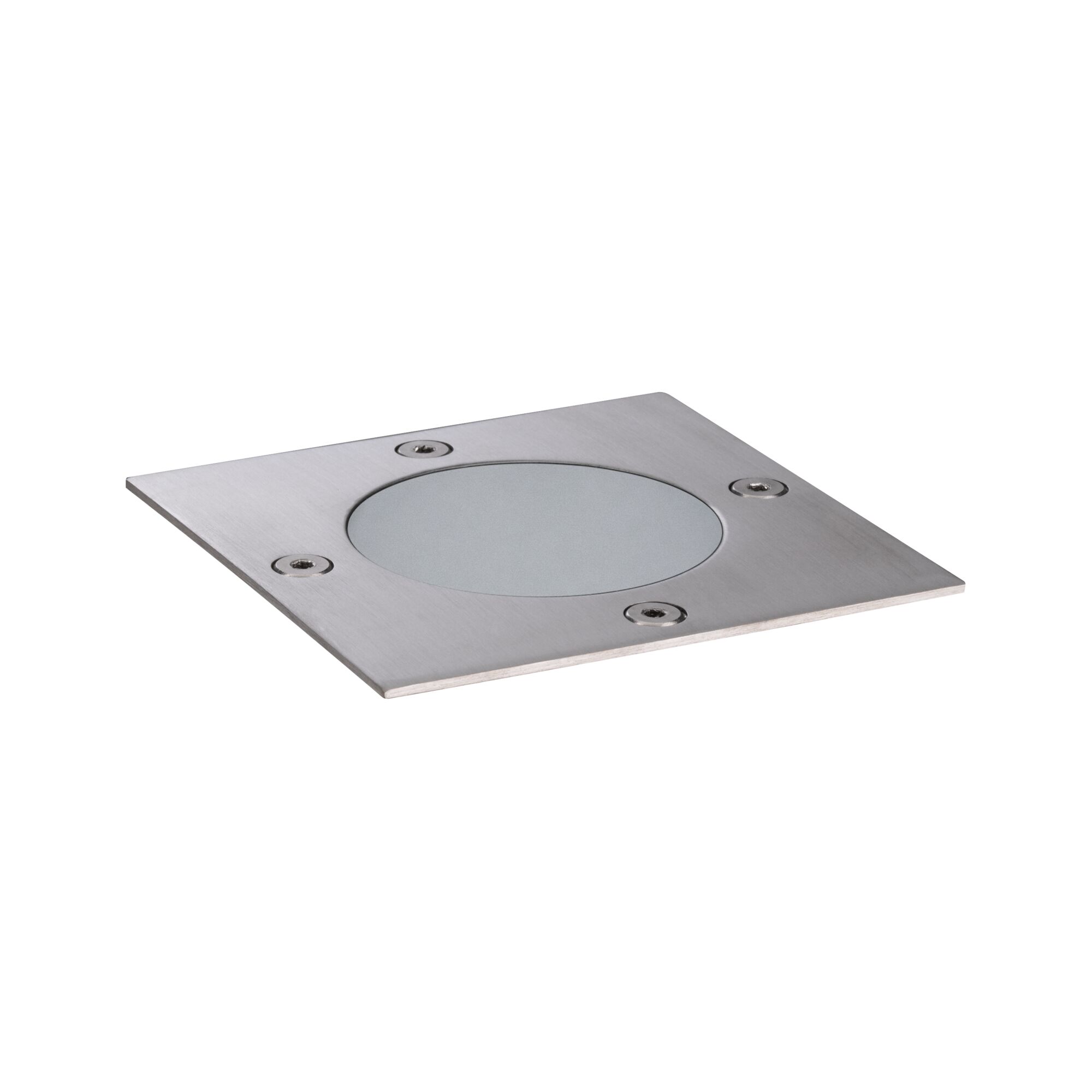 Square stainless steel recessed light with frosted glass cover and screws for outdoor use