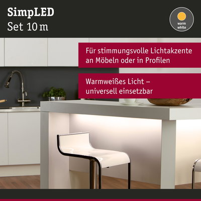 Warmweißes LED-Lichtband 10 m für stimmungsvolle Lichtakzente an Möbeln und Profilen