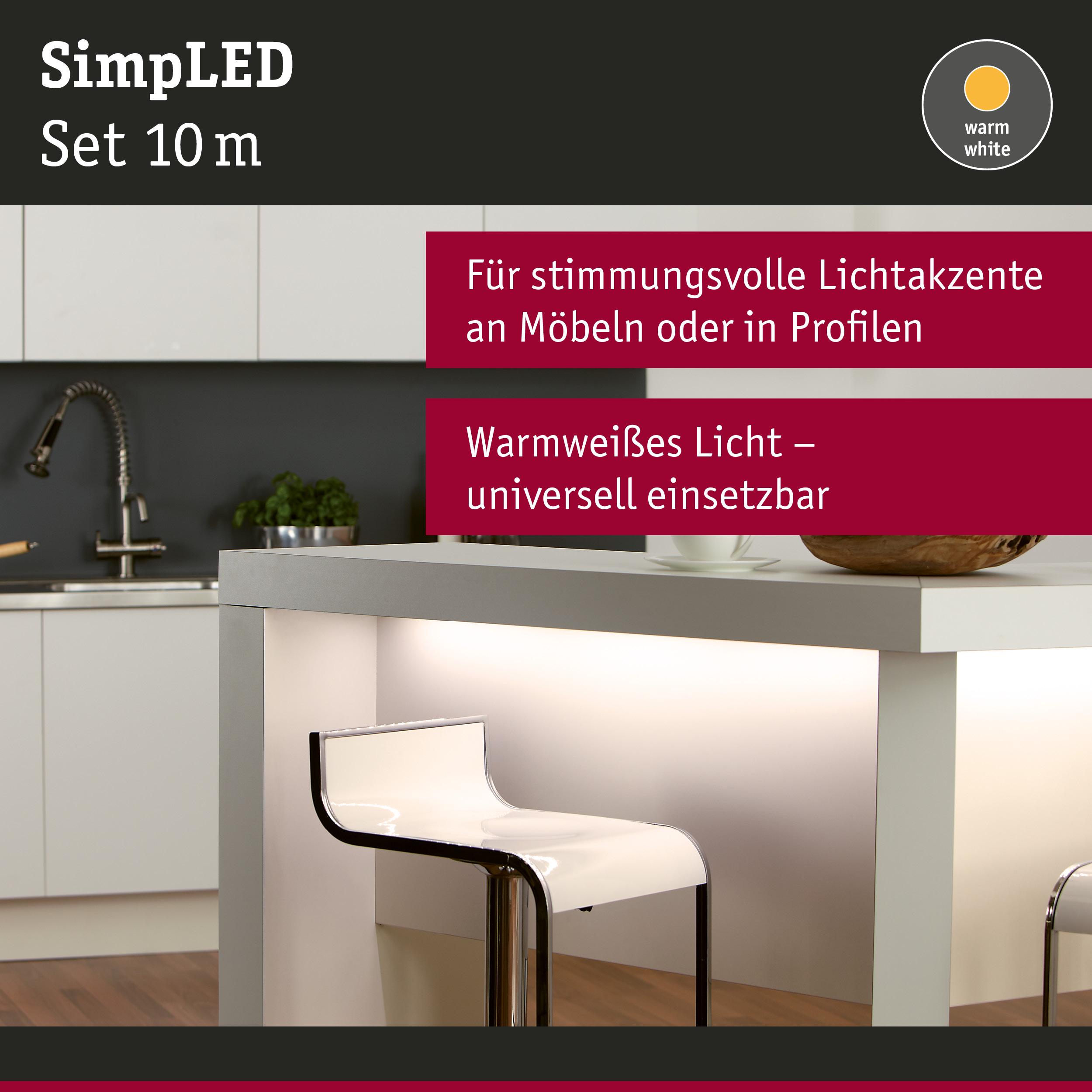 Warmweißes LED-Lichtband 10 m für stimmungsvolle Lichtakzente an Möbeln und Profilen