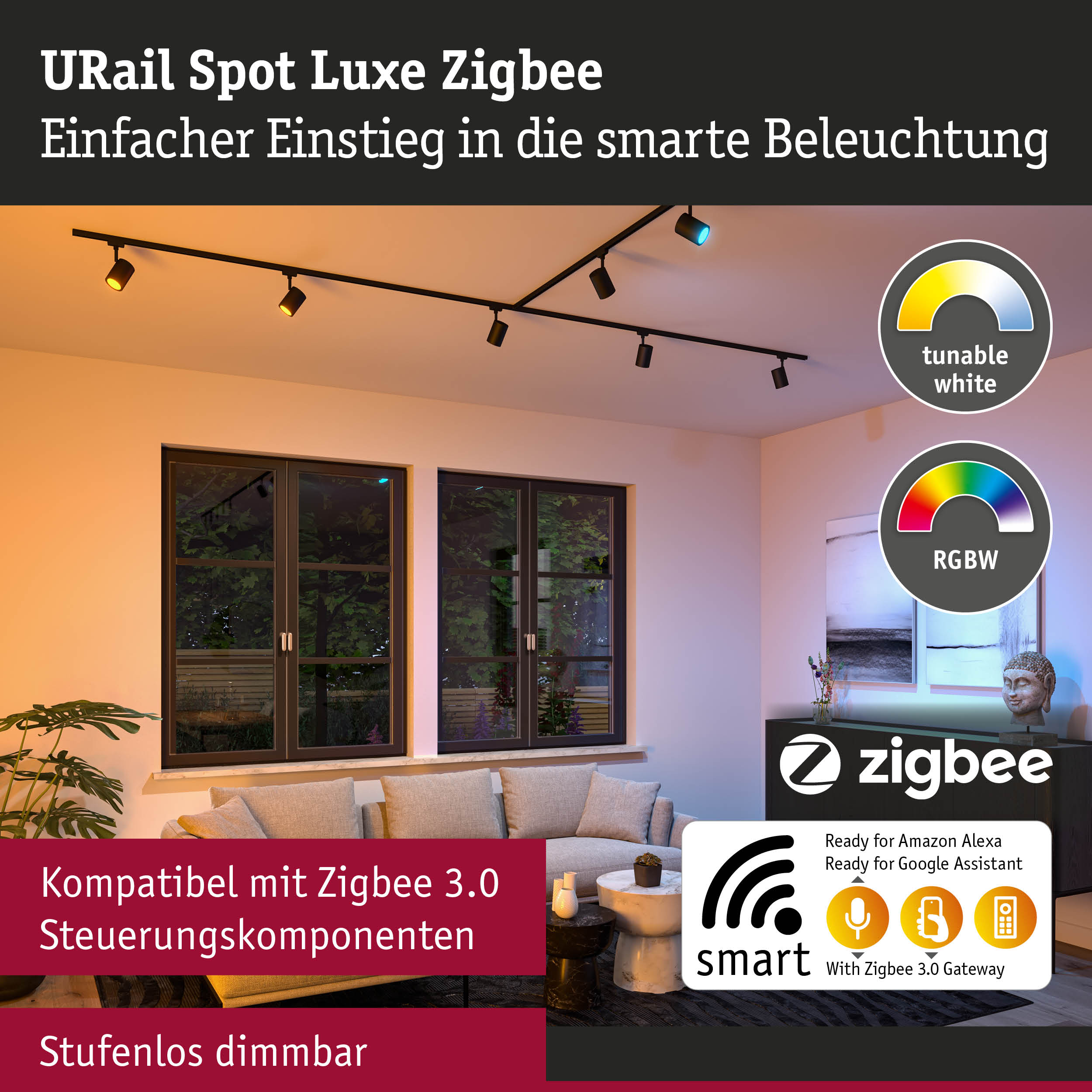 URail Spot Luxe Zigbee schwarze Schienenleuchte mit dimmbarer smart Beleuchtung im Wohnzimmer