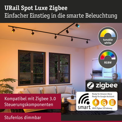 URail Spot Luxe Zigbee schwarze Schienenleuchte mit dimmbarer smart Beleuchtung im Wohnzimmer