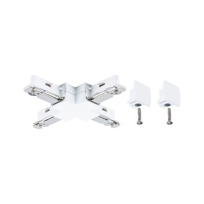 White plastic X-connector with metal parts and two screws for track lighting systems.