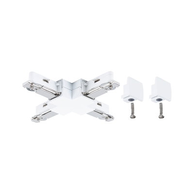 White plastic X-connector with metal parts and two screws for track lighting systems.