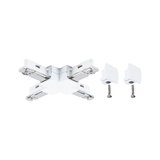 Witte kunststof X-connector met metalen onderdelen en twee schroeven voor railsystemen.