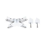 Connecteur en X blanc en plastique avec pièces métalliques et deux vis pour systèmes de rails.