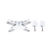Weißer X-Verbinder aus Kunststoff mit Metallteilen und zwei Schrauben für Schienensysteme.