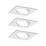 Three white square metal recessed spotlights with adjustable heads for versatile lighting