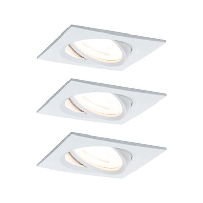 Three white square metal recessed spotlights with adjustable heads for versatile lighting