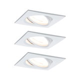 Three white square metal recessed spotlights with adjustable heads for versatile lighting