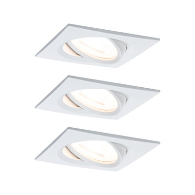Three white square metal recessed spotlights with adjustable heads for versatile lighting