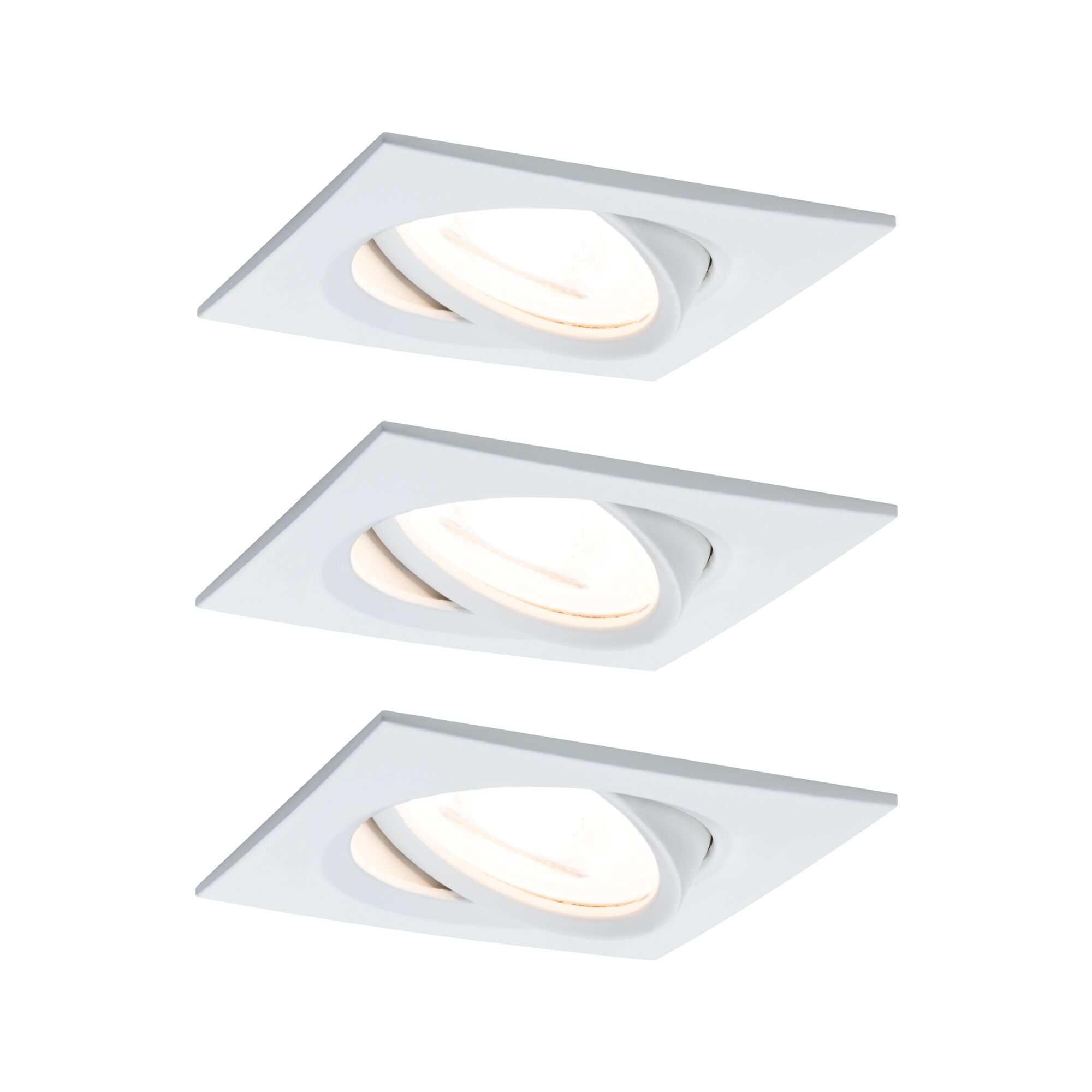 Three white square metal recessed spotlights with adjustable heads for versatile lighting