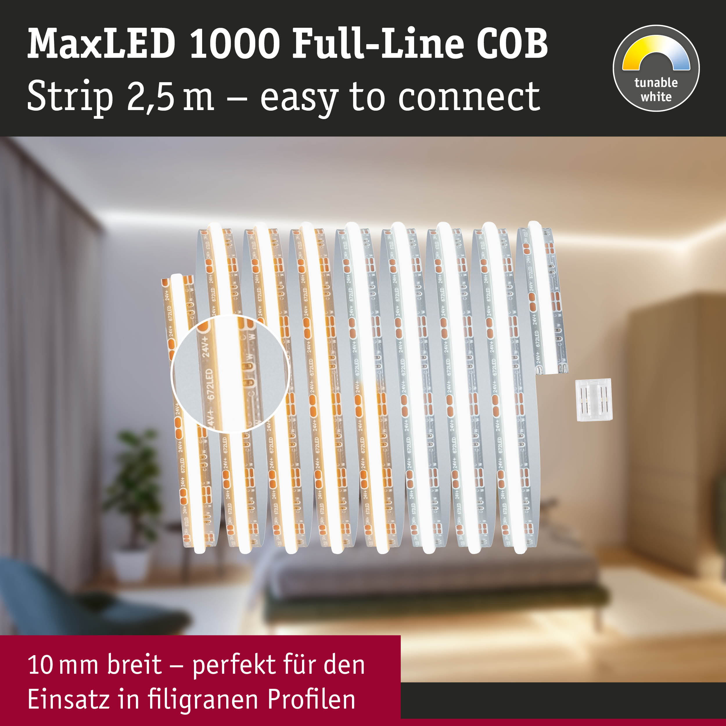 MaxLED 1000 Full-Line COB LED-Lichtstreifen 2,5 m mit einstellbarem Weißton, 10 mm breit für filigrane Profile