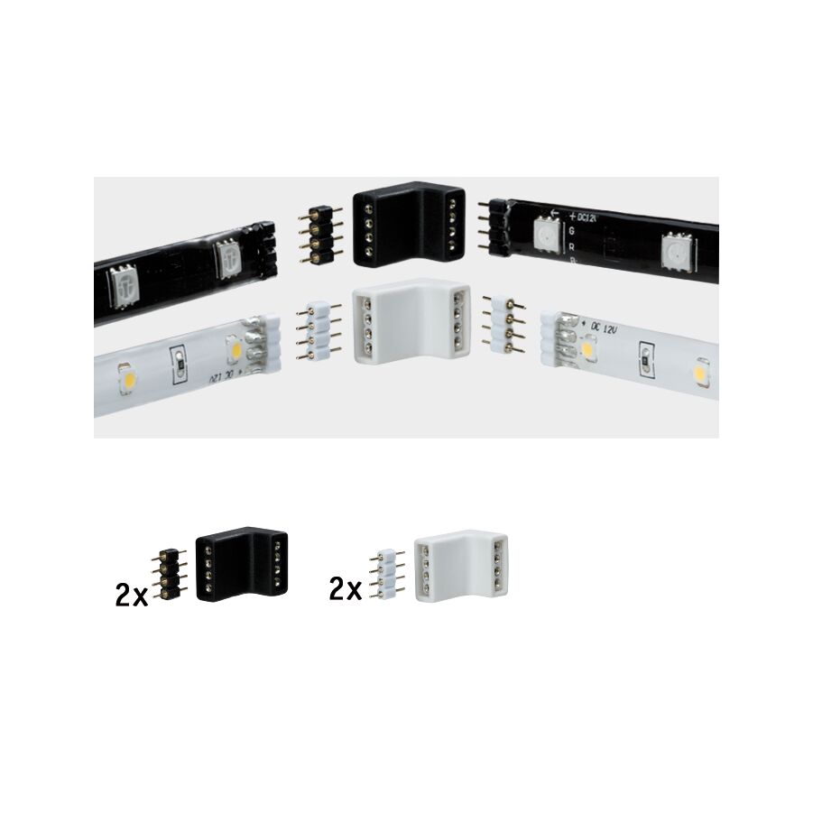 Vier zwarte en witte LED-strip connectors met pinnen voor flexibele lichtstrip montage