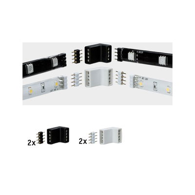 Vier zwarte en witte LED-strip connectors met pinnen voor flexibele lichtstrip montage
