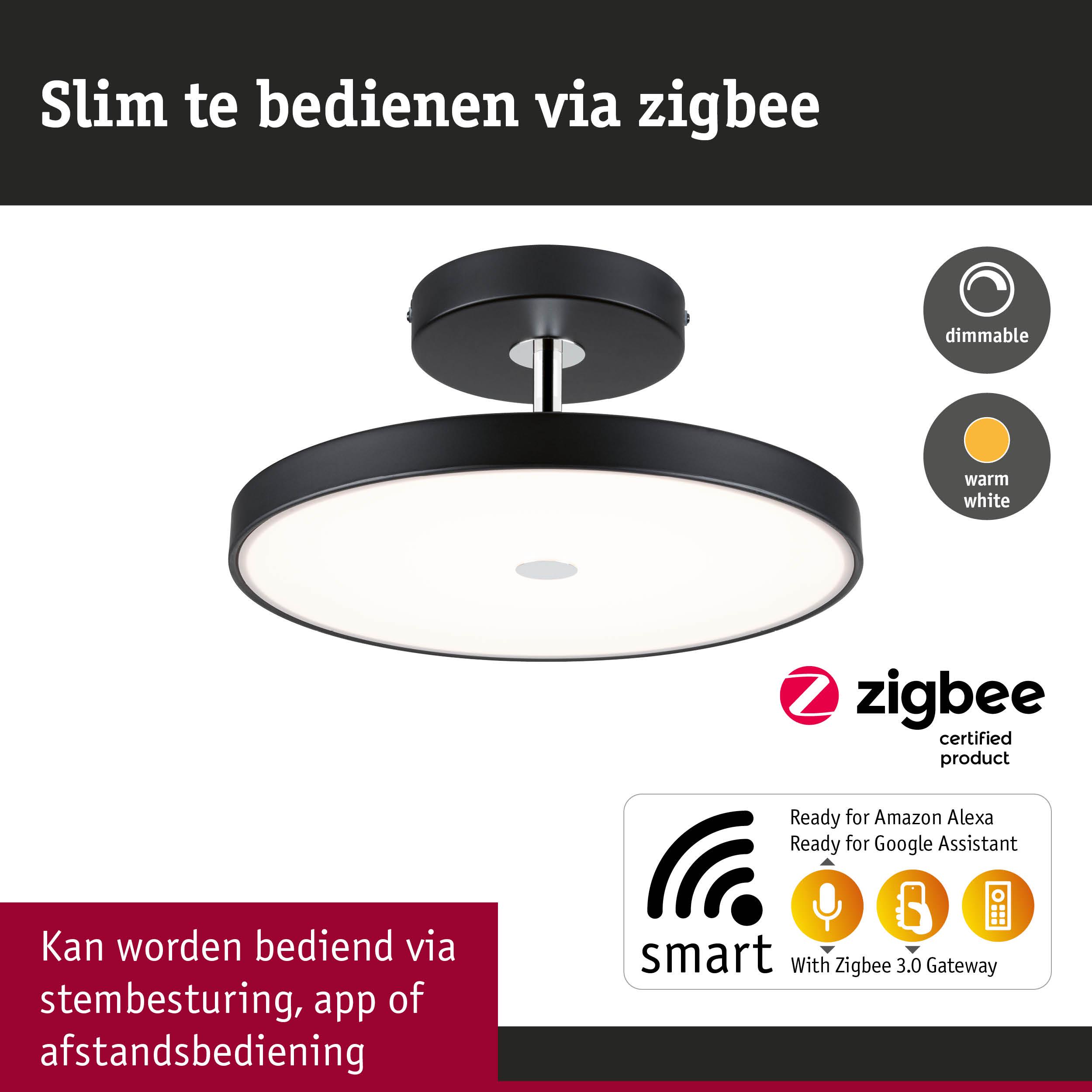 Zwarte ronde plafondlamp met warmwit dimbaar licht, Zigbee smart home compatibel