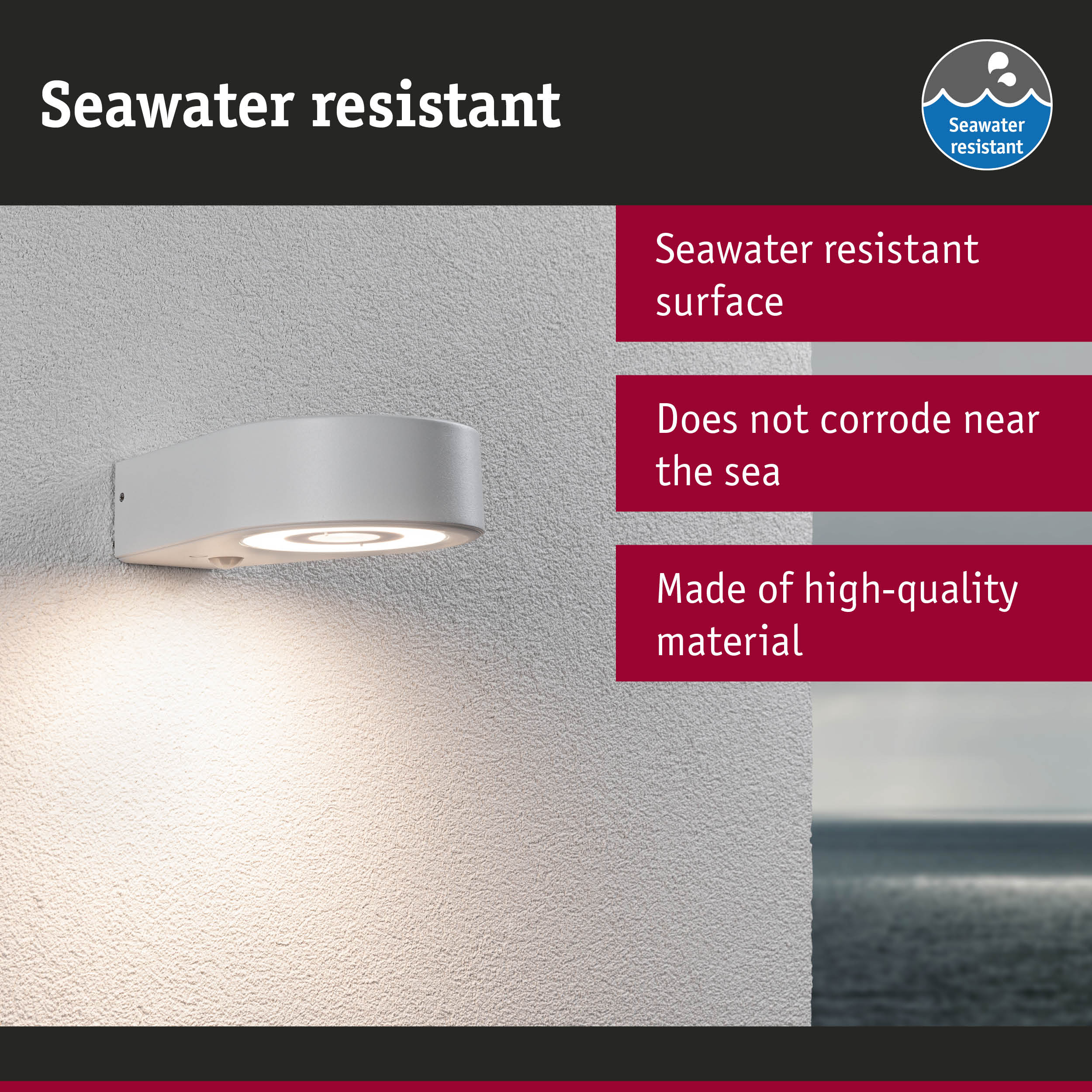 Grey outdoor wall light with seawater resistant surface, corrosion-free lighting solution near the sea