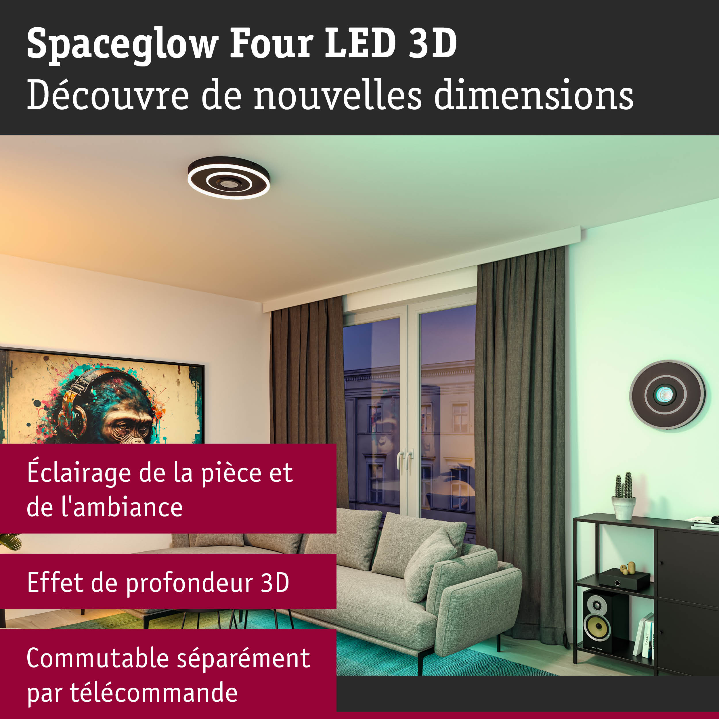 Plafonnier Spaceglow Four LED 3D noir avec lumière blanche pour salons modernes
