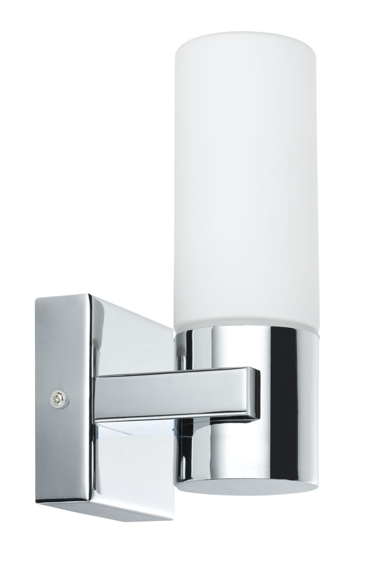 Modern wall light in chrome with white glass, perfect for stylish indoor lighting and LED fixtures.