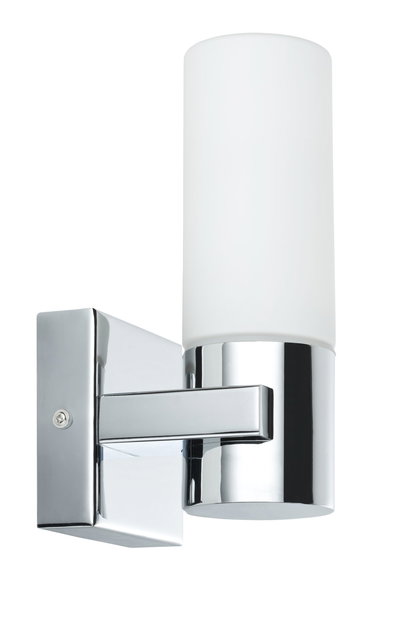 Modern wall light in chrome with white glass, perfect for stylish indoor lighting and LED fixtures.