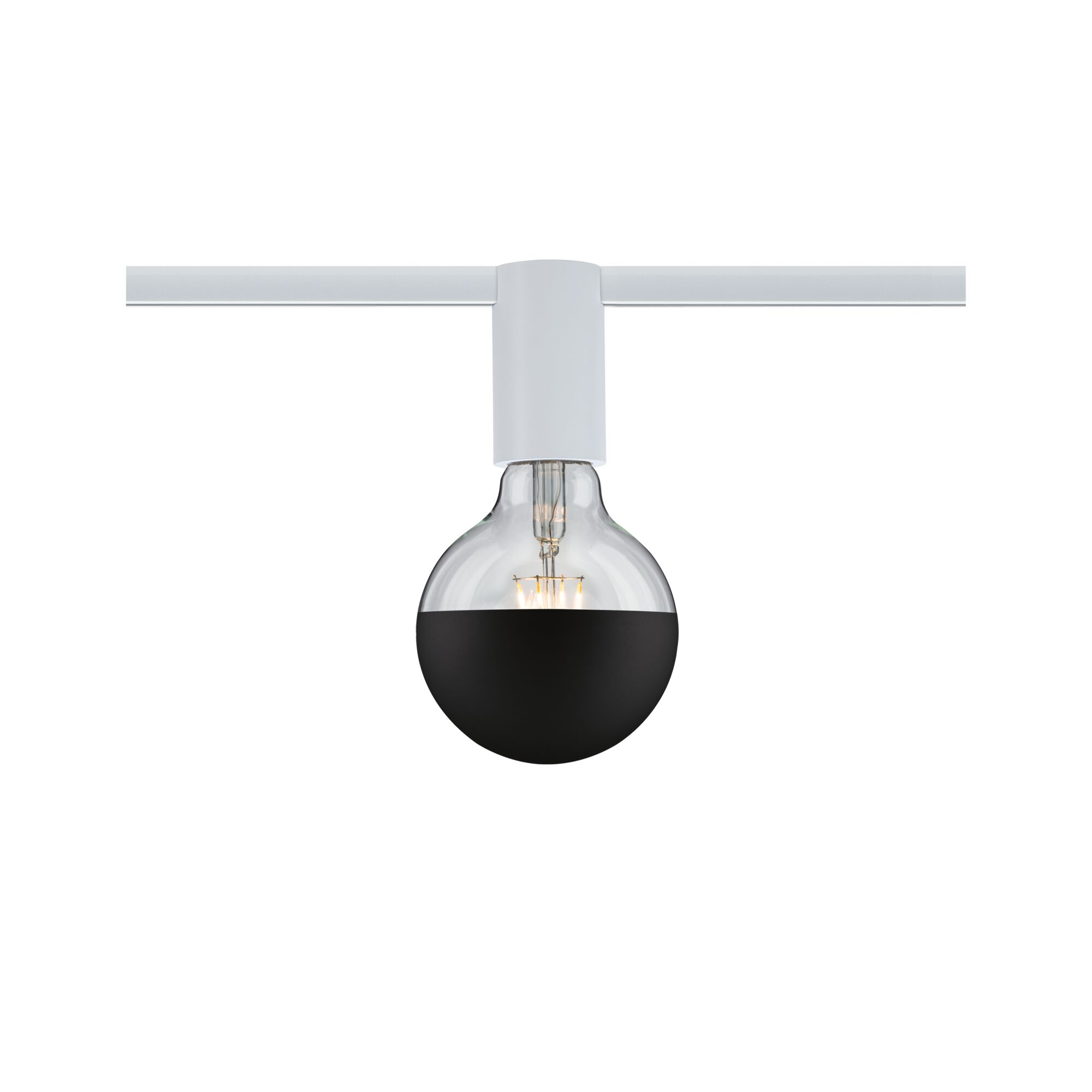 Moderne LED-Glühbirne mit halb schwarzem Glas und weißem Lampenhalter an weißer Schiene