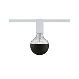 Moderne LED-Glühbirne mit halb schwarzem Glas und weißem Lampenhalter an weißer Schiene