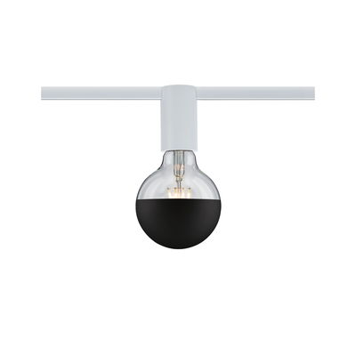 Modern LED bulb with half black glass and white holder on white track lighting system