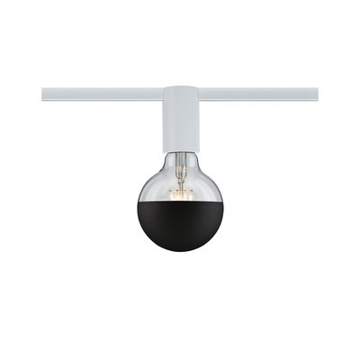 Moderne LED-Glühbirne mit halb schwarzem Glas und weißem Lampenhalter an weißer Schiene