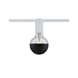 Moderne LED-Glühbirne mit halb schwarzem Glas und weißem Lampenhalter an weißer Schiene