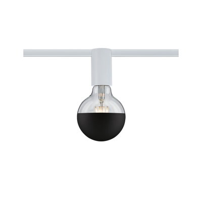 Moderne LED-Glühbirne mit halb schwarzem Glas und weißem Lampenhalter an weißer Schiene