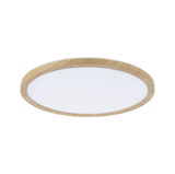 Ronde plafondlamp met eikenhouten frame en witte diffuser voor moderne woonverlichting