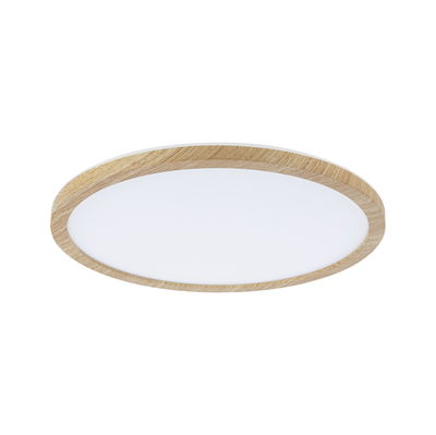Ronde plafondlamp met eikenhouten frame en witte diffuser voor moderne woonverlichting