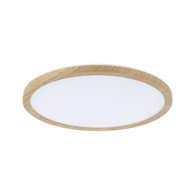 Ronde plafondlamp met eikenhouten frame en witte diffuser voor moderne woonverlichting
